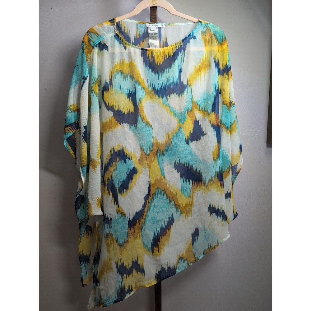 Chicos S/M Side Tie Poncho Blue Yellow White Multicolor Sheer